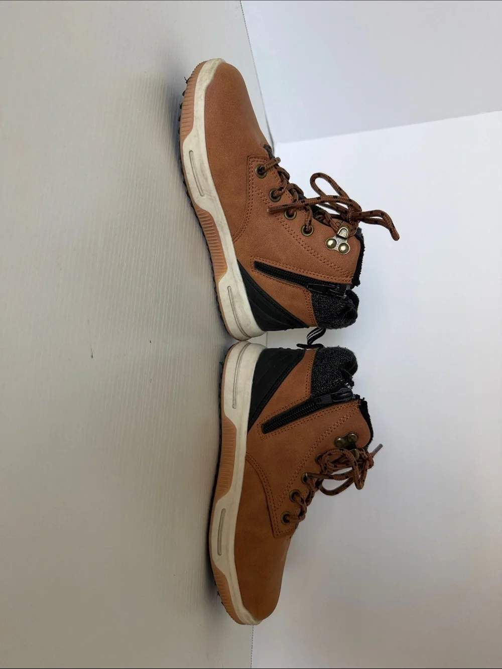 Nautica Tan Kids Lace-Up Ankle Boots with Black Knit Collar
